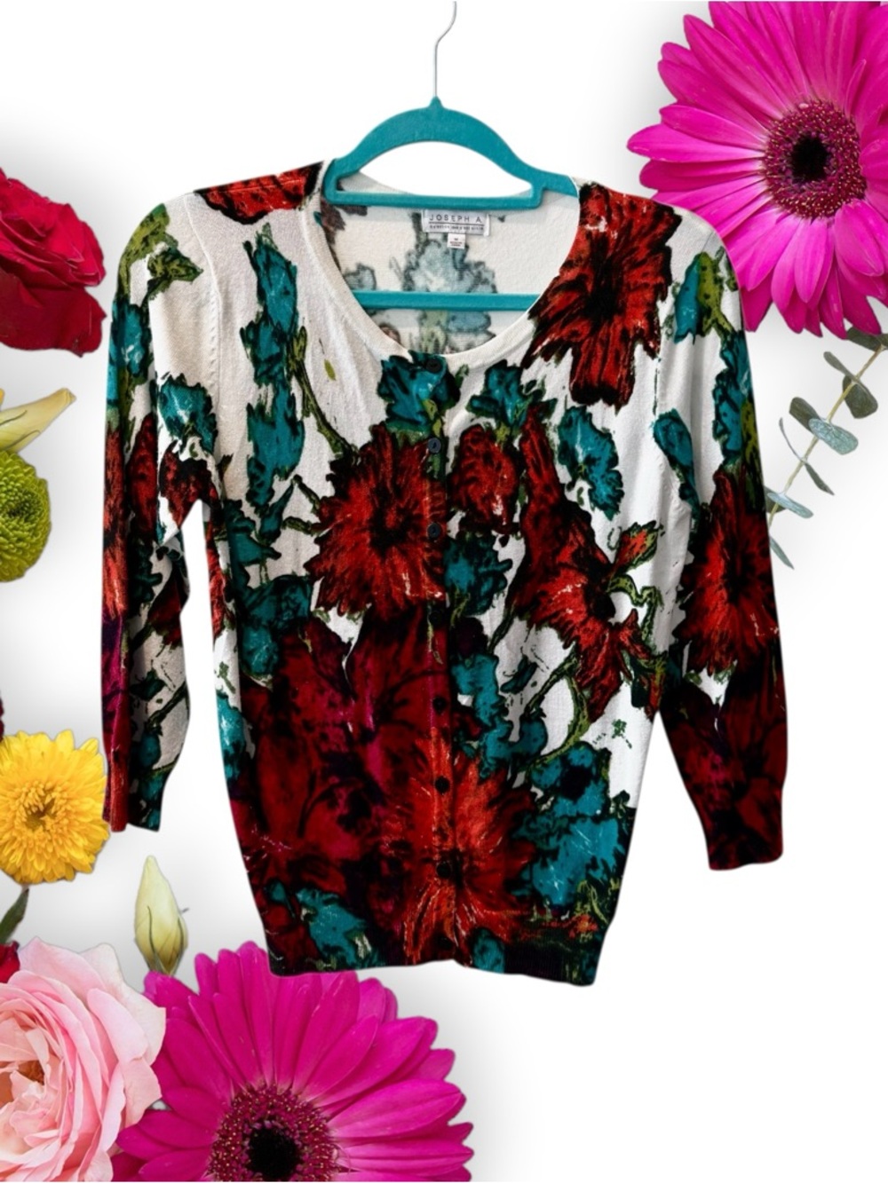 Joseph A Pink-Teal Dramatic-Floral Print Button-Front Cardigan Sweater